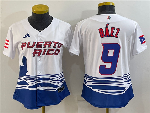 Youth Puerto Rico Baseball #9 Javier Báez 2023 White World Baseball Classic Stitched Jersey